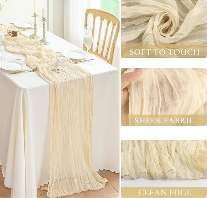 3 Pack Beige Cream Cheesecloth Table Runner 35x120 Inches, Summer Boho Cream - Image 3