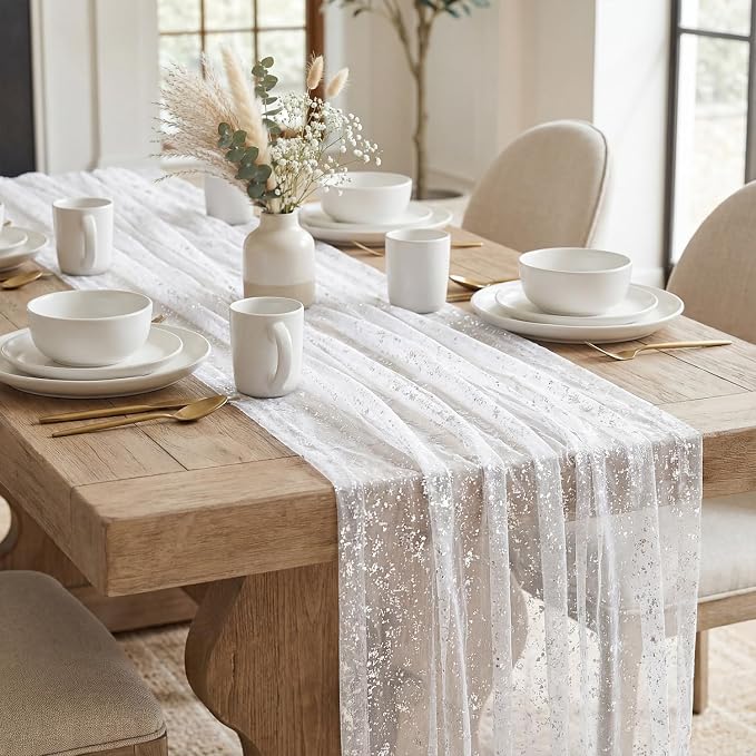 Artoid Mode White Silver Gauze Table Runner 59x120 Inch 10FT, Glitter Metallic - Image 2
