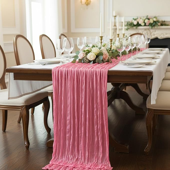 1 Pack Rose Pink Cheesecloth Table Runner 120 Inch Boho Wedding Decor | - Image 7