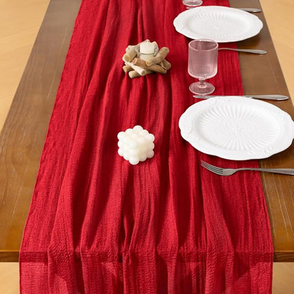 Cheesecloth Table Runner Summer Boho Wedding Shower Party Home Decor | Red 3pcs - Image 3