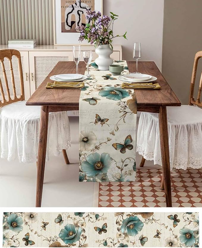 Turquoise Tulip Table Runners 48 Inches Long, Spring Vintage Botanical Table - Image 6