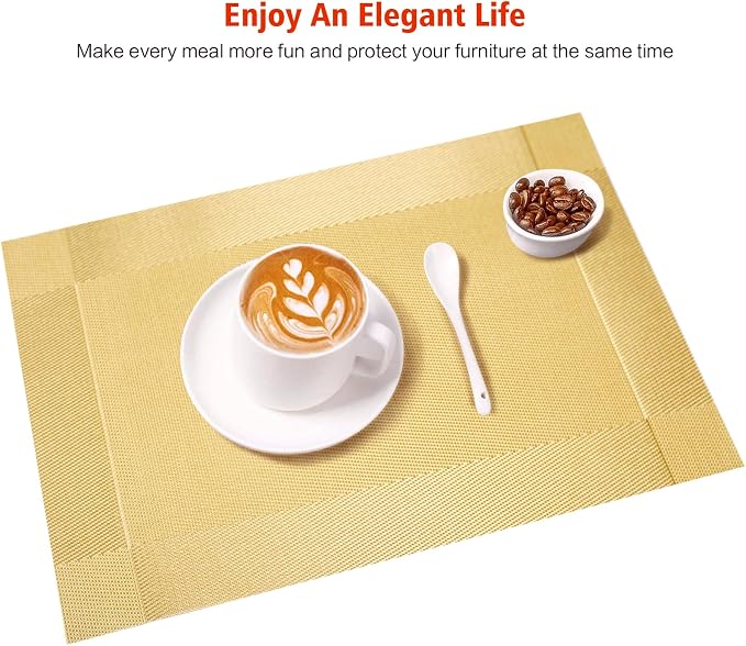 Placemats Set of 8, Vinyl Woven Gold Non Slip Table Mats | Heat Resistant - Image 6