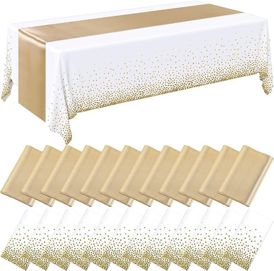 24 Packs White and Gold Disposable Plastic Tablecloths and Satin Table Runner by Breling
