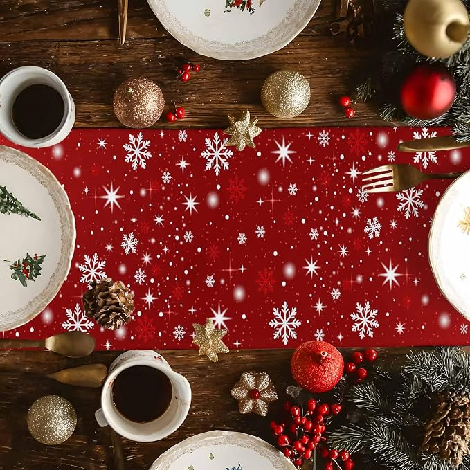 Red Christmas Table Runner 90 Inches Long, Xmas Tree Balls Snowflake Table - Image 4