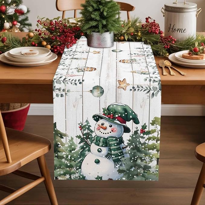 Christmas Snowman Table Runner 120 Inches Long, Xmas Trees Eucalyptus Leaves - Image 2