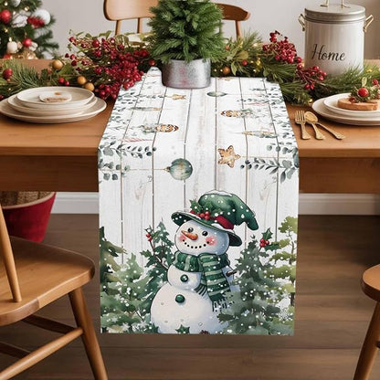 Christmas Snowman Table Runner 108 Inches Long, Xmas Trees Eucalyptus Leaves - Image 2