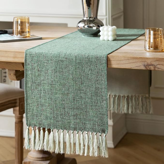 Green Table Runners 108 Inches Long, Burlap Linen Style Rustic Farmhouse Table by ZEEMARTONLINE
