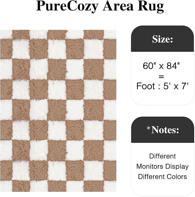 PureCozy 5x7 Area Rugs for Living Room Brown Soft Shag Checkered Large Rug - Image 3