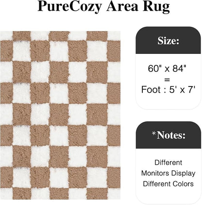 PureCozy 5x7 Area Rugs for Living Room Brown Soft Shag Checkered Large Rug - Image 3