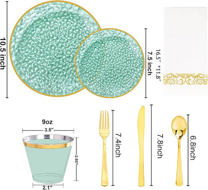 Rubtlamp 175 Pcs Green Plastic Plates Dinnerware Set, Hammered Plates Sets - Image 2