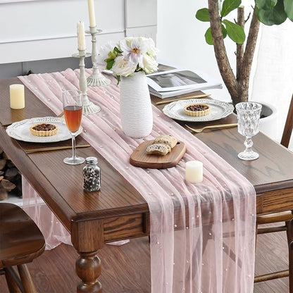 Artoid Mode 3PCS Pearl Pink Gauze Table Runner 120 Inch 10FT, Seasonal Sheer - Image 2