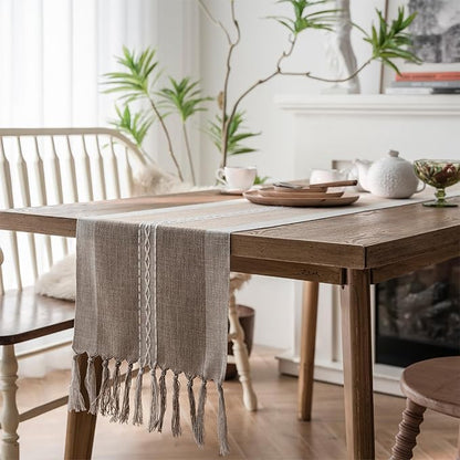 Farmhouse Table Runner, Embroidered Striped Braided Coffee Boho Table Runner - Image 6