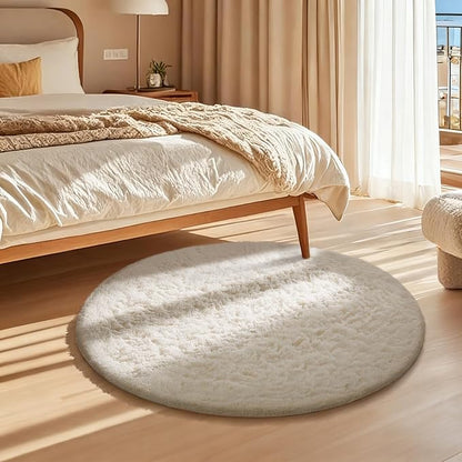 Ophanie Round Rug Ivory Circle Area Rugs Washable, Fluffy Fuzzy Nursery Bedroom - Image 5