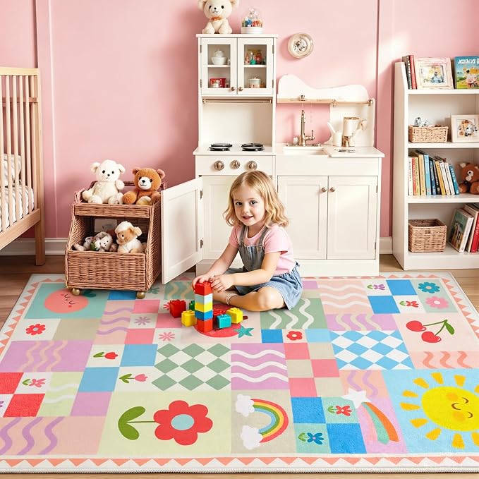 5x7 Washable Kid Bedroom Rug for Girls, Soft Non-Slip Toddler Playroom Carpet - Image 2