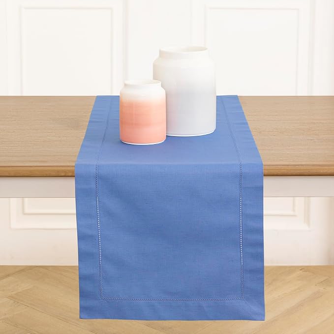 Solino Home Cotton Linen Table Runner Blue, Hemstitch Collection 14 x 90 in | by SolinoHome