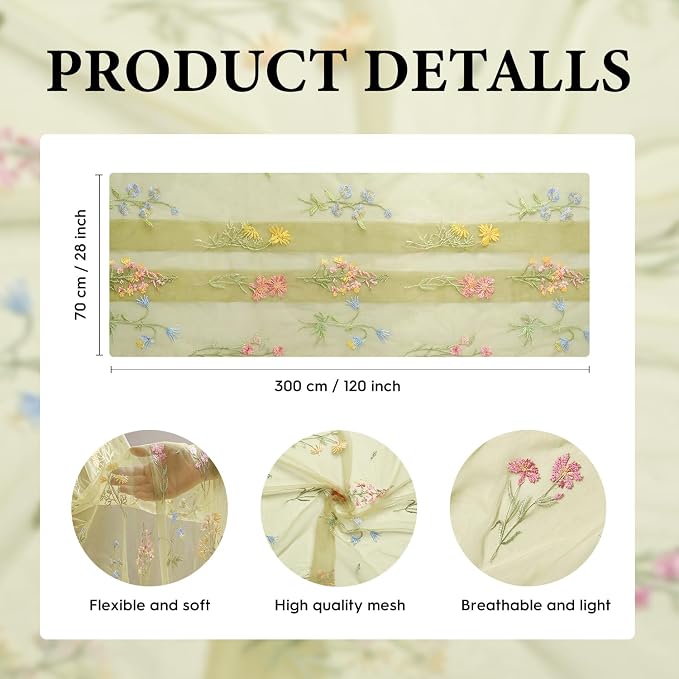 Artoid Mode Wildflower Floral Fern Green Gauze Embroidery Table Runner 120 Inch - Image 6