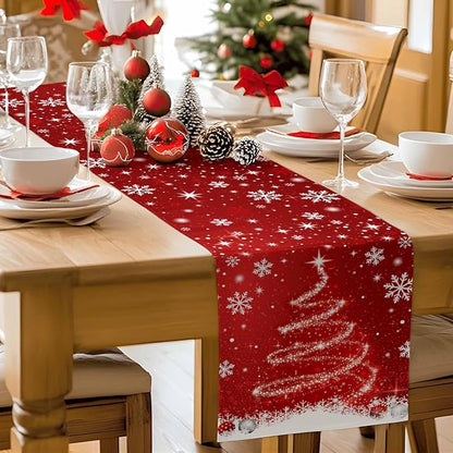 Red Christmas Table Runner 70 Inches Long, Xmas Tree Balls Snowflake Table - Image 9