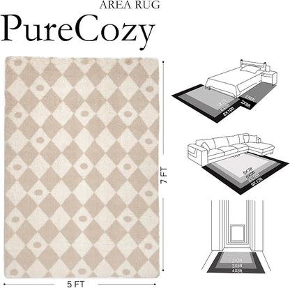 PureCozy Checkered Rug 5x7 Fluffy Shag Living Room Beige Area Rug Modern - Image 2