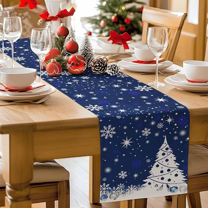 Navy Blue Christmas Tree Table Runner 36 Inches Long, Xmas Balls Snowflake - Image 9