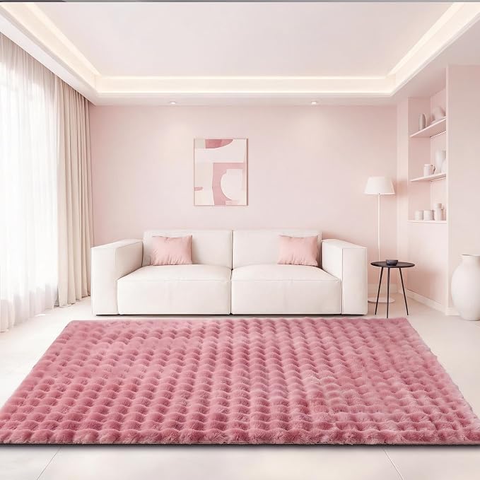 Dusty Rose Rabbit Plush Rug 5'x8', Fluffy Faux Fur Shaggy Area Rug - Image 3