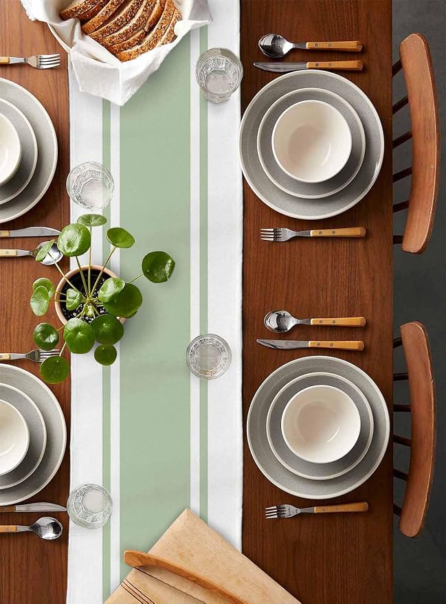 Sage Green Eucalyptus Leaves Table Runners 70 Inches Long, Farmhouse Stripe - Image 5