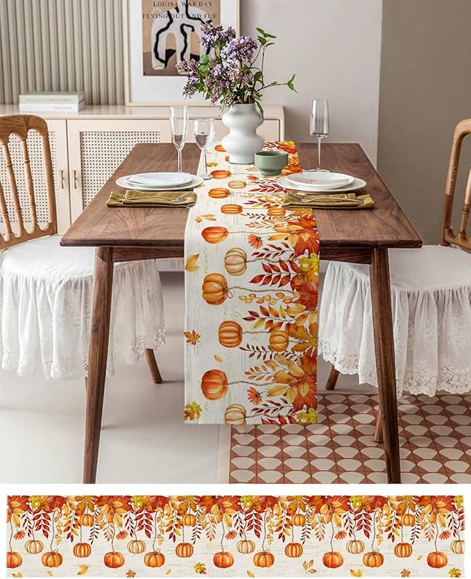 Orange Pumpkin Fall Table Runner 70 Inches Long, Thanksgiving Maple Eucalyptus - Image 4