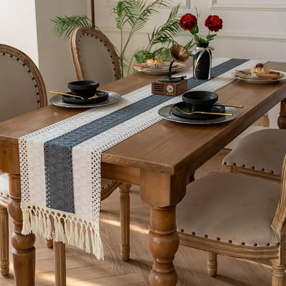 EMMTEEY Boho Table Runner with Tassels 72 Inches Long, Stone Blue | Handmade - Image 4