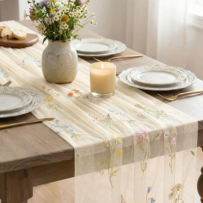 Artoid Mode 3PC Wildflower Floral Beige Apricot Gauze Embroidery Table Runner - Image 4