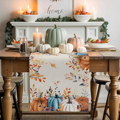 Orange Blue Pumpkin Fall Table Runner 120 Inches Long, Thanksgiving Eucalyptus - Image 2
