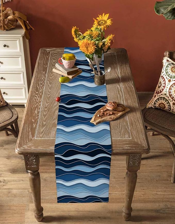 Abstract Blue Moire Table Runners 72 Inches Long, Cotton Linen Fabric Table - Image 4