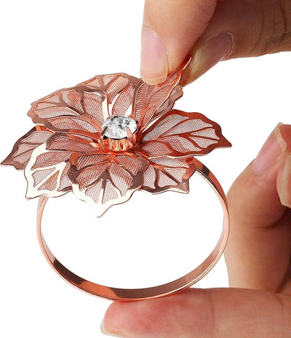 KPOSIYA Flower Napkin Rings Holder Metal Rose Gold Napkin Rings Set of 12 - Image 4