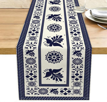 Blue Birds Flowers Mexican Table Runner Spring Floral Decor | Blue Patchwork by Unknown