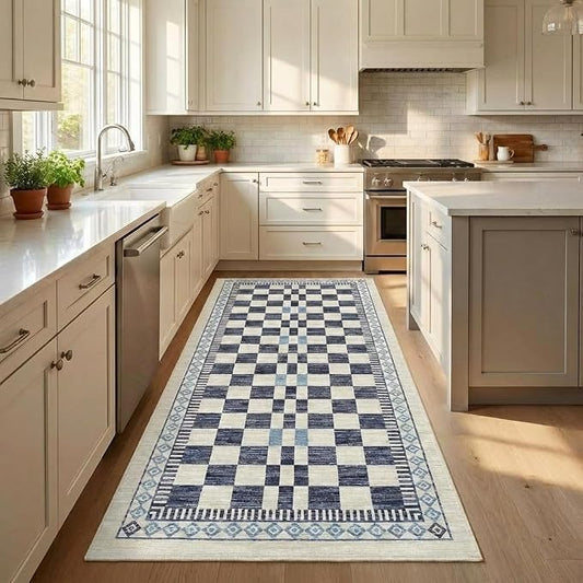 GarveeHome Runner Rug 2x10 for Kitchen Blue Contemporary Checkered Long Rug for by GarveeHome
