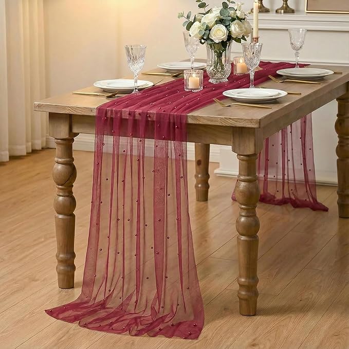 Artoid Mode Pearl Burgundy Gauze Table Runner 120 Inch 10FT, Seasonal Sheer - Image 6