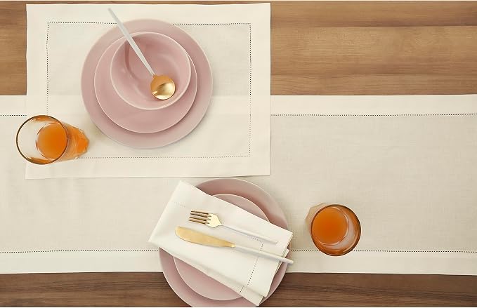 Solino Home Cotton Linen Dining Table Runner Ivory Hemstitch, 14 x 144 in | - Image 3