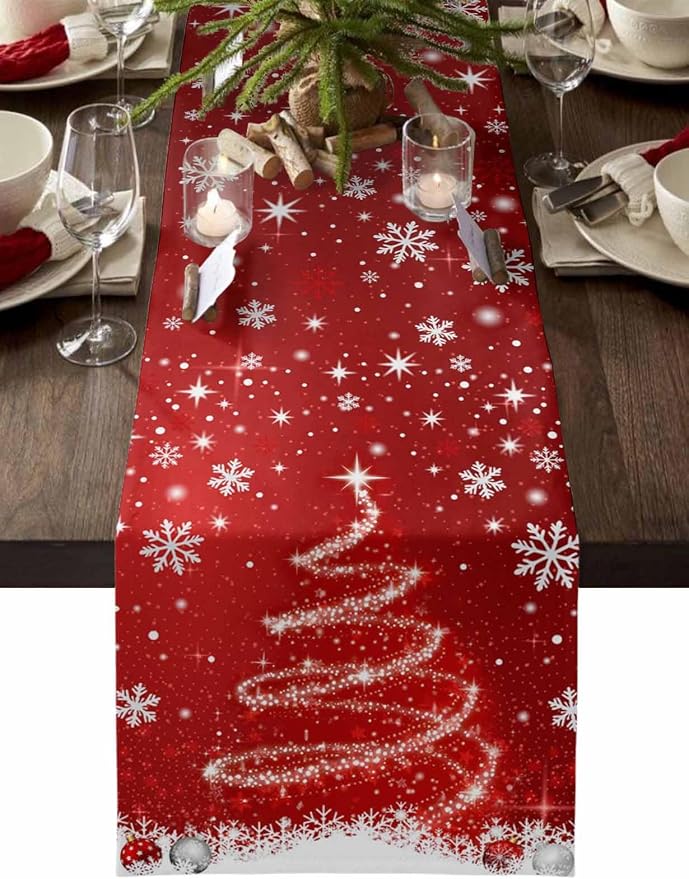 Red Christmas Table Runner 90 Inches Long, Xmas Tree Balls Snowflake Table by Unknown