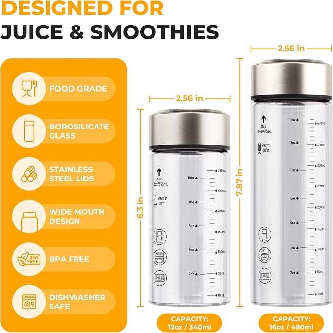 Sursip Wide Mouth Borosilicate Glass Juice Bottles 12oz 4 Pack - Image 3