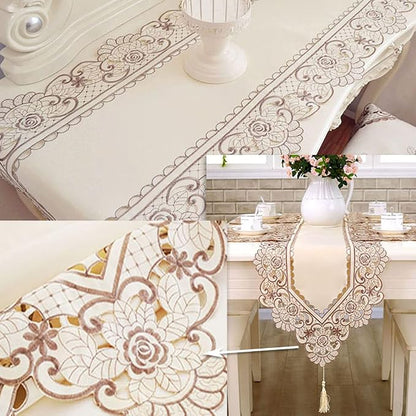 LeLehome 15 X 104 Inch Table Runner, Flowers Embroidered Beige Floral Dresser - Image 3