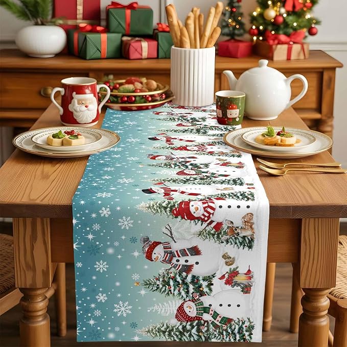 Teal Christmas Snowman Table Runner 60 Inches Long, Xmas Trees Snowflake Table - Image 5
