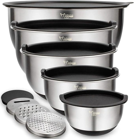 Wildone Mixing Bowls with Airtight Lids Set, with Grater Attachments & Non-Slip by Wildone