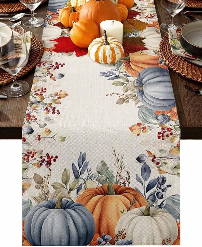 Fall Thanksgiving Table Runners 120 Inches Long, Cotton Linen Fabric Autumn by Edwiinsa