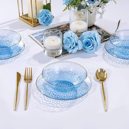 50 Pack 12 Ounce Blue Plastic Bowls Hammered Clear Bowl - Image 2