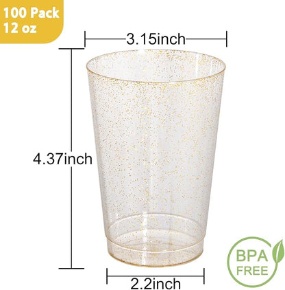 IOOOOO 100 Pack 12 oz Gold Glitter Cups, 12 Ounce Glitter Plastic Tumblers - Image 2