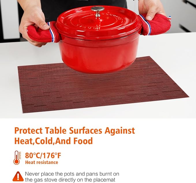 Placemats Set of 6, Vinyl Woven Red Non Slip Table Mats | Heat Resistant - Image 3