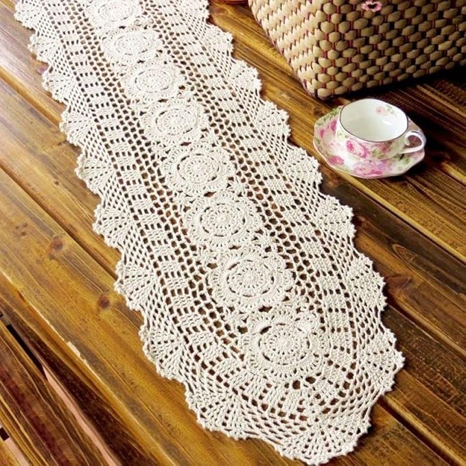 Cotton Handmade Crochet Lace Oval Table Runner Wine Red 12x48 Inch - Image 2