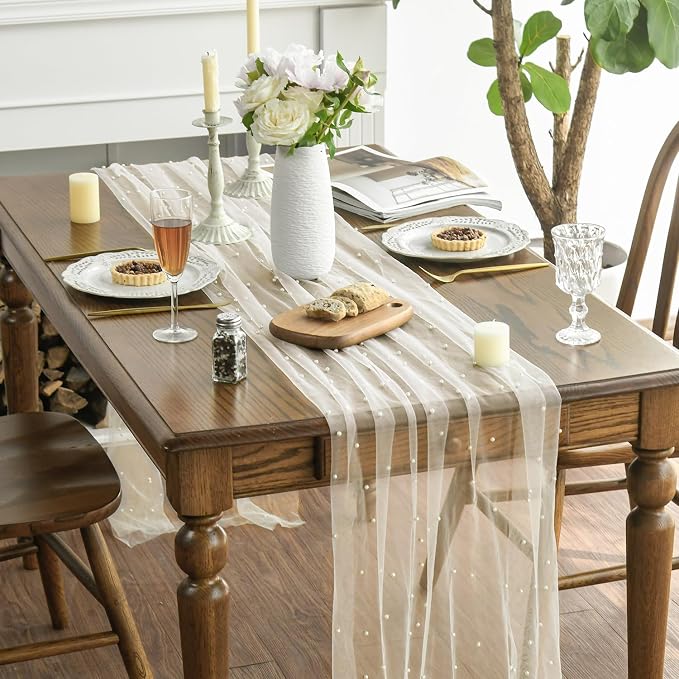 Artoid Mode 3PCS Pearl Beige Gauze Table Runner 120 Inch 10FT, Seasonal Sheer - Image 3