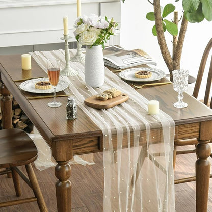 Artoid Mode 3PCS Pearl Beige Gauze Table Runner 120 Inch 10FT, Seasonal Sheer - Image 3