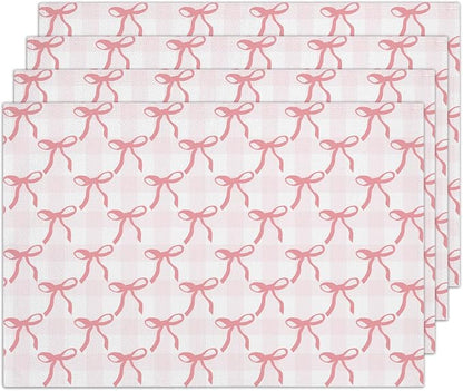 Pink Plaid Bow Placemats Set of 4, Washable Heat Resistant Placemats Kitchen by RLCNOT