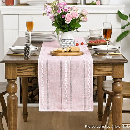 Artoid Mode Pink Rustic Cotton Linen Table Runner, Seasonal Embroidered Hollow - Image 2