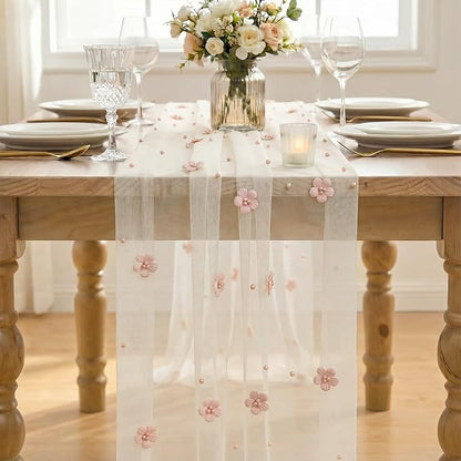 Artoid Mode Pink Flower Pearl White Gauze Table Runner 10FT 6PC, Seasonal Sheer - Image 2